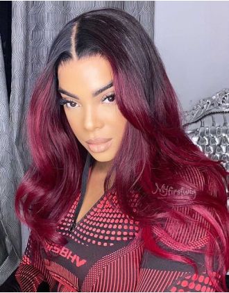 LILVANILLA - Indian Human Hair Ombre Burgundy Wavy Lace Front Wig - LIL003