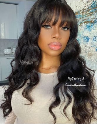 COVERUPBYSELORM - INDIAN REMY HAIR BEACH WAVY WIG WITH BANGS LACE FRONT WIG - CBS012