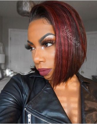 SYMONE - INDIAN REMY HAIR BURGUNDY HIGHLIGHT SHORT BOB LACE FRONT WIG - LFB028