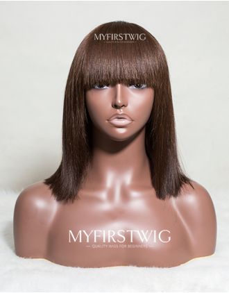 Scalp Top Wig Medium Reddish Brown Bob Wig With Bangs - SSS003