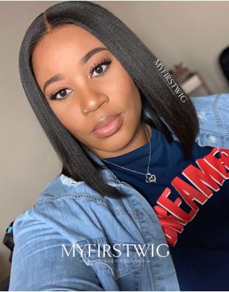 Malaysian Human Hair Middle Part Yaki Bob Haircuts Lace Front Wig - YAKI002