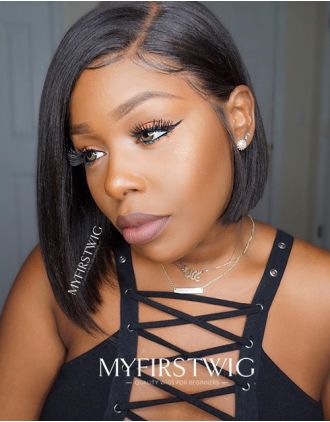 Malaysian Human Hair Side Part Yaki Bob Haircuts Lace Front Wig - YAKI004