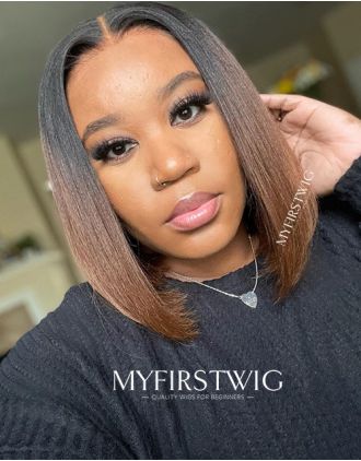 Malaysian Human Hair Brown Ombre Yaki Bob Lace Front Wig - YAKI005
