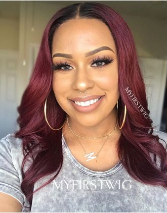 Malaysian Human Hair Burguaccndy Ombre Yaki Wavy Lace Front Wig - YAKI008
