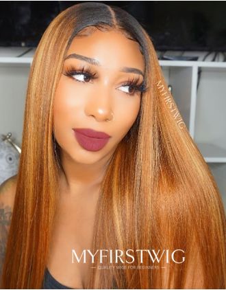 Malaysian Human Hair Ombre Highlight Yaki Straight Lace Front Wig - YAKI013