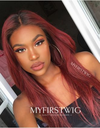 Malaysian Human Hair Burgundy Ombre Yaki Straight Lace Front Wig - YAKI014